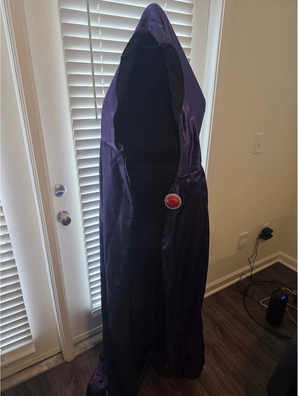 Raven cosplay Purple Hooded Satin Cloak with Red Gem Button